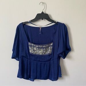 Free People Navy Boho Square Neck Embellished Blouse